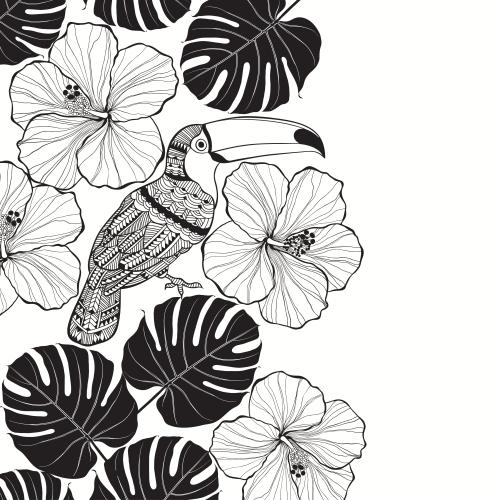 Palm. Vector stylized toucan among hibiscus flowers and palm leaves on white