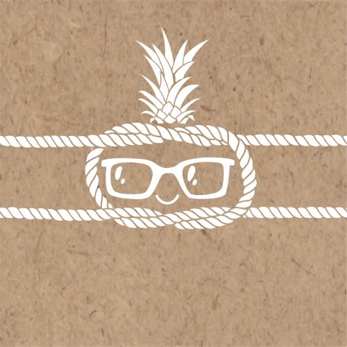 Pineapple. Vector composition on the theme of vacation, cartoon character in sunglasses, nautical knot on craft