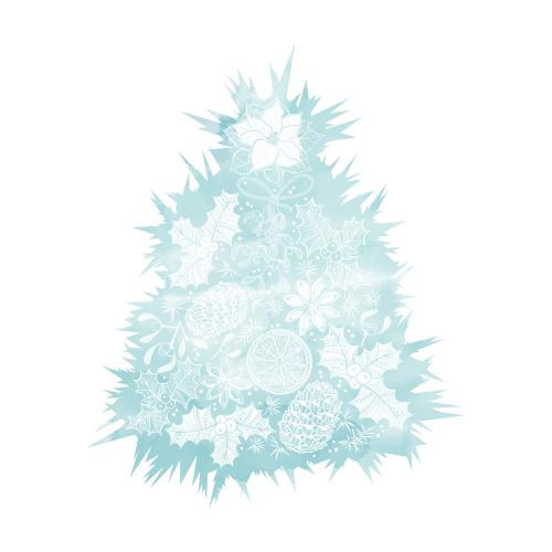Vector image stylized tree from winter plants and flowers, spices and cones on blue watercolor