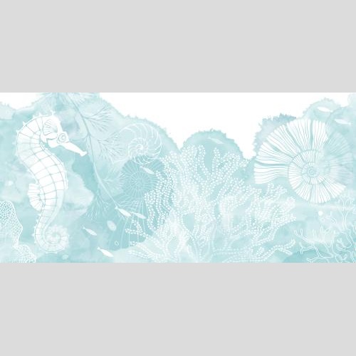 Nautilus. Vector sea horse fish nautiluses algae and corals on a blue watercolor