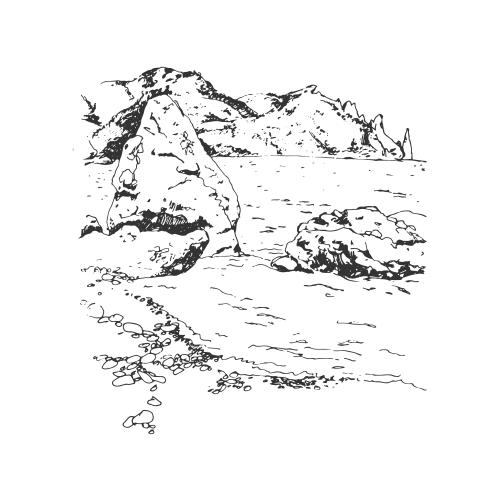 Illustration mountains and sea in resort, crimea, sketch on white
