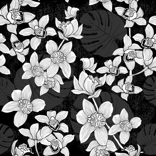 Palm. Vector orchids and monstera leaves on textured black