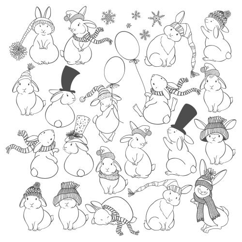 Illustration cartoon bunnies in hats and scarves snowflakes on white