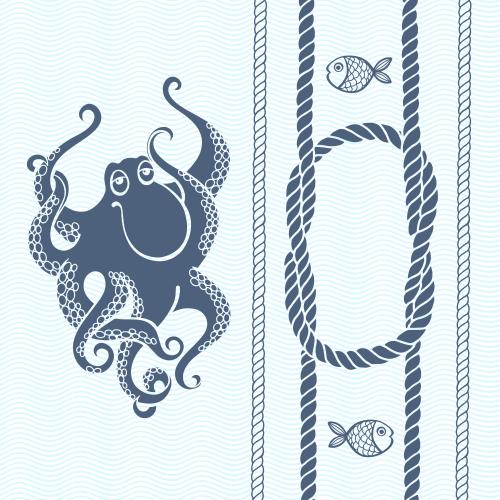 Octopus. Vector sea ropes and knots, fish and cartoon octopus on blue waves