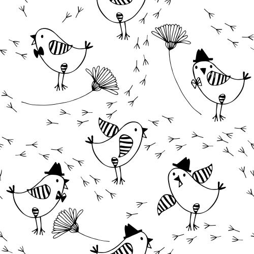 Chamomile. Vector cartoon birds, flowers, paw prints on white