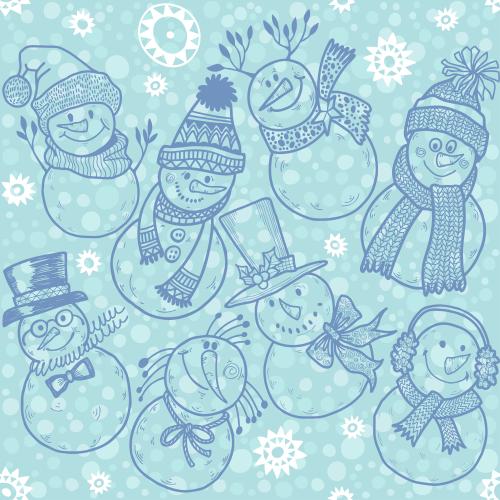 Snowflake. Vector funny cartoonish snowmen snowflakes on blue checkered