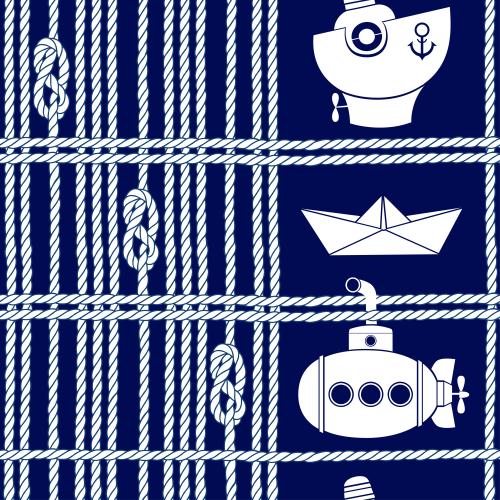 Rope. Vector horizontal and vertical ropes with sea knots, cartoon submarine, paper ship, and motorboat on blue