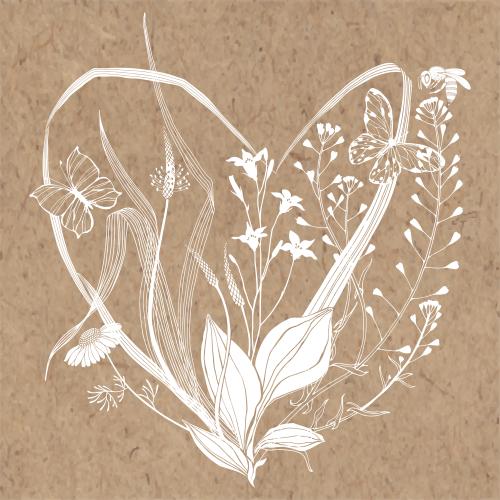 Vector image plantain shepherd's purse chamomile bellflower herbs bee and butterflies on craft paper heart-shaped composition