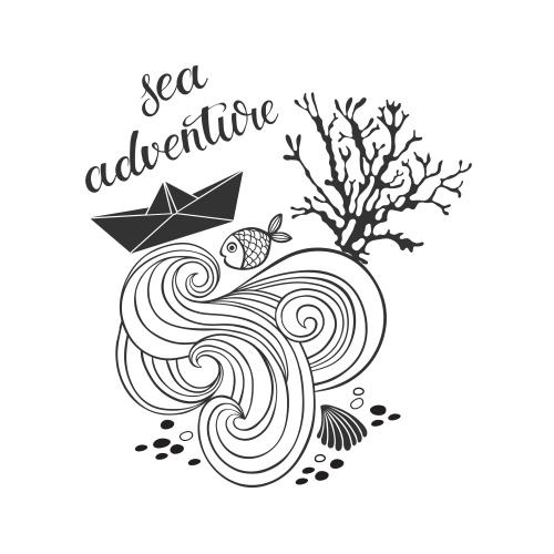 Paper boat. Vector marine theme composition with waves paper ship coral fish shell and text sea adventure on white