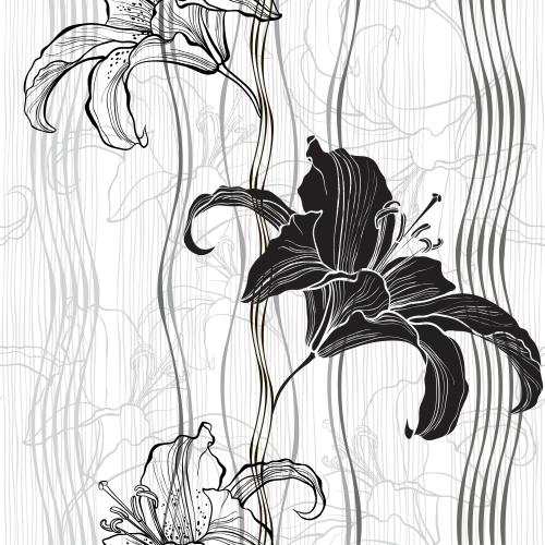 Lily. Vector silhouettes and contours of lilies straight and wavy vertical lines on white