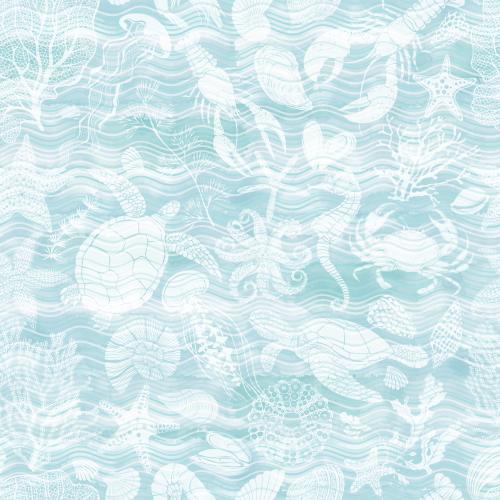 Turtle. Vector marine animals corals algae sea stars shells white silhouettes and waves on a blue watercolor