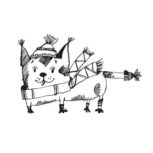 Cat. Vector animated kitten in a hat and scarf on white