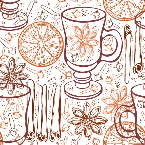 Cinnamon. Vector mug for mulled wine, cinnamon sticks, star anise, orange, white clove