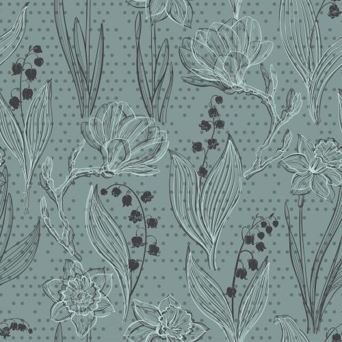 Vector image magnolias, daffodils, lilies on gray checkered