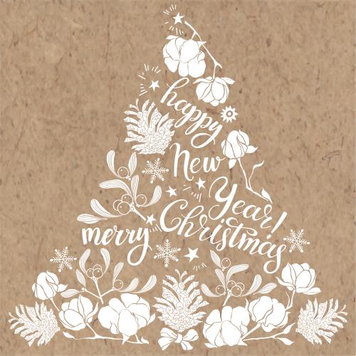 Snowflake. Vector holiday composition in the shape of a tree from cotton twigs mistletoe cones snowflakes and wishes happy new year merry christmas white silhouettes on craft