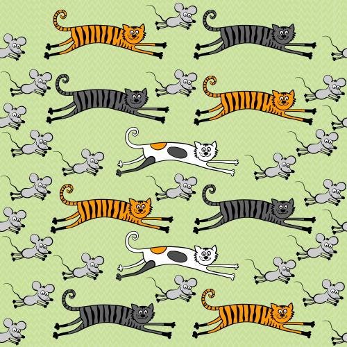 Animals. Vector funny cartoon cats and mice run on grass