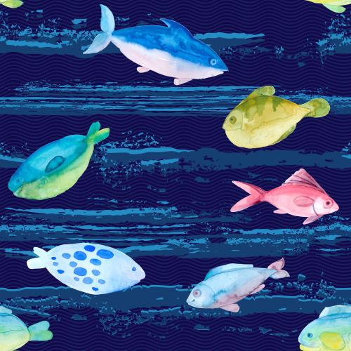 Raster image multicolored watercolor fish on blue waves