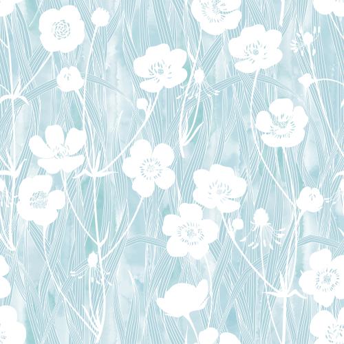 Buttercup. Vector violets and grass, white and blue silhouettes on a blue watercolor