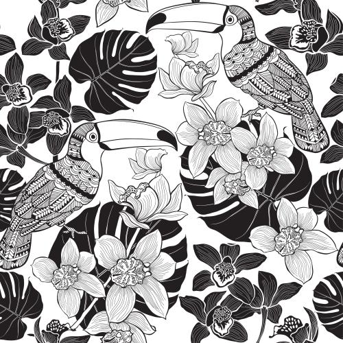 Palm. Vector toucans orchids monstera leaves on white