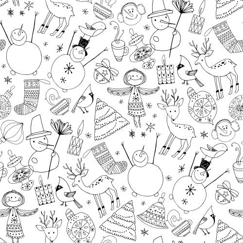 Cup. Vector angels snowmen reindeer toys candles and other symbols of winter holidays on white scandi style