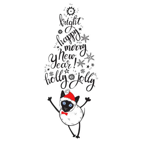 Siamese cat. Vector cartoonish siamese kitten in a christmas hat, stylized tree of english wishes
