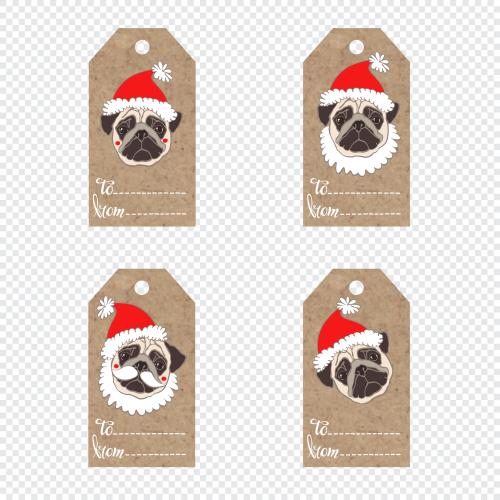 Item. Vector craft tags with adorable pug faces in christmas hats