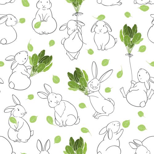 Spinach. Vector cute cartoon-style bunnies with spinach leaves on white
