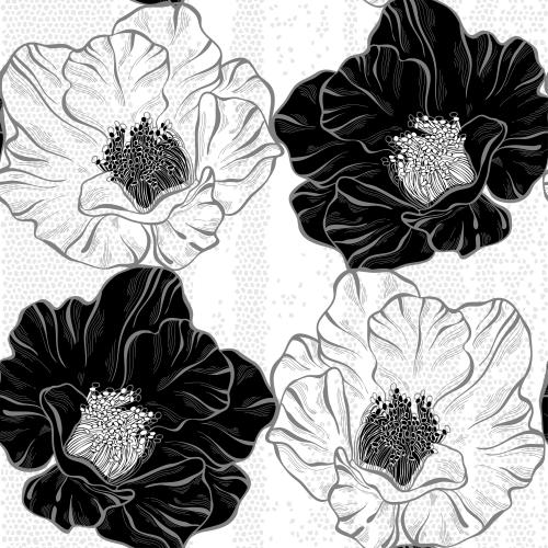 Poppy. Vector silhouettes and contours of flowers with stamens on mosaic