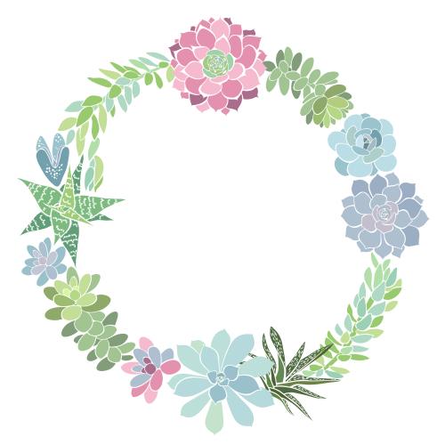 Succulent. Vector round wreath-frame from colored silhouettes of succulents on white
