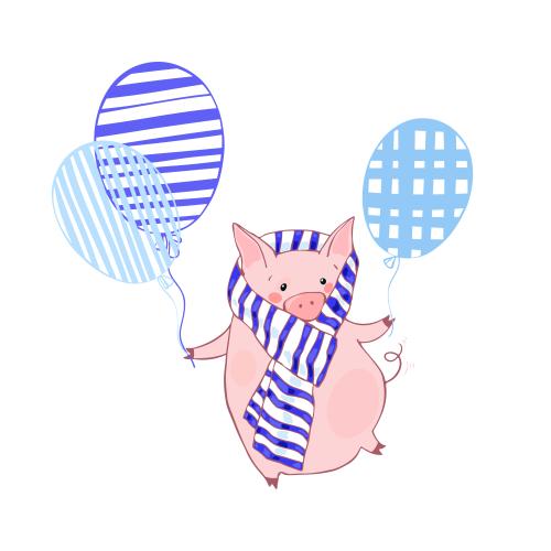 Balloon. Vector cute cartoon pig in a scarf with balloons