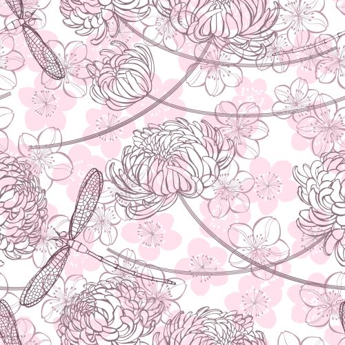 Dragonfly. Vector chrysanthemums sakura flowers dragonflies on white