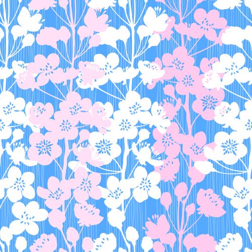 Apricot. Vector blooming apricot branches, pink and white silhouettes on blue with a white stripe