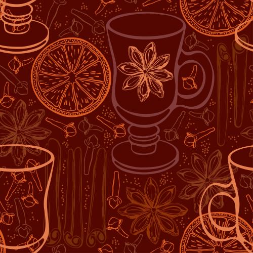 Spice. Vector mug for mulled wine, cinnamon sticks, star anise, orange, clove on burgundy