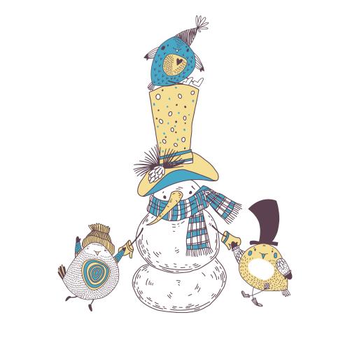 Snowman. Vector cartoon snowman with three cute birds on white