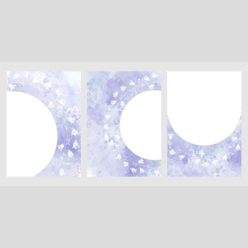Illustration three postcards with daisies on lavender watercolor space for text on white