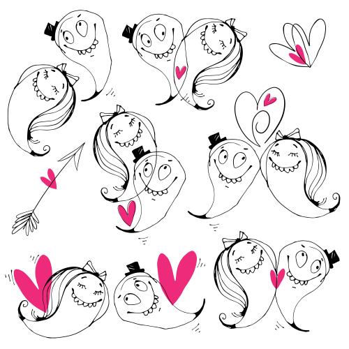 Valentine. Vector cartoon lovers characters arrows hearts on white isolated elements