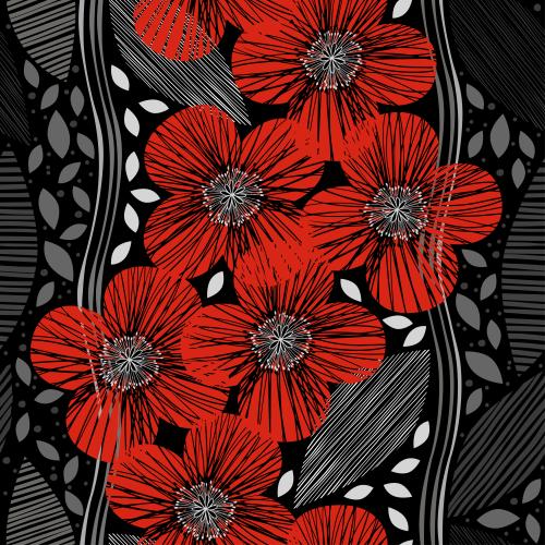 Poppy. Vector red poppies, decorative striped leaves on black