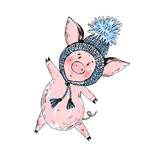 Pig. Vector happy cartoon piglet in a hat
