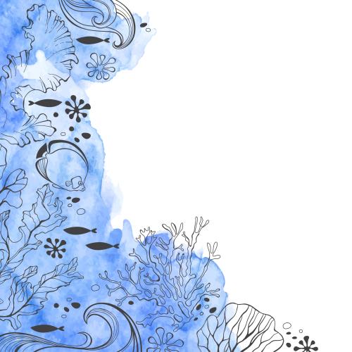 Seaweed. Vector underwater world, fish, seaweed, corals, waves on blue watercolor, space for text on white