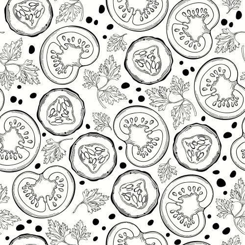 Spice. Vector tomatoes, cucumbers and parsley leaves, black outlines on white