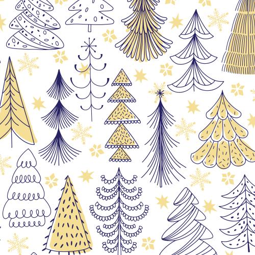 Forest. Vector stylized cartoonish fir trees, snowflakes on white