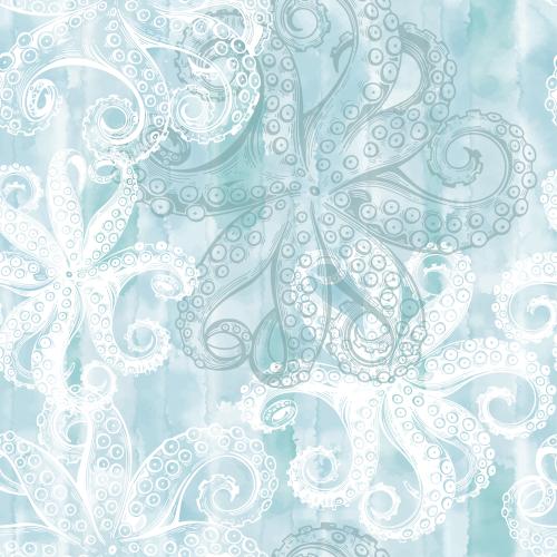 Octopus. Vector octopuses contours and silhouettes on blue watercolor