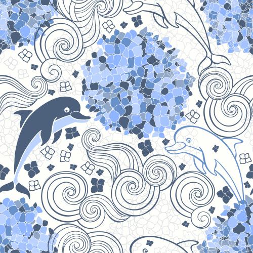Vector image dolphins waves hydrangeas on white