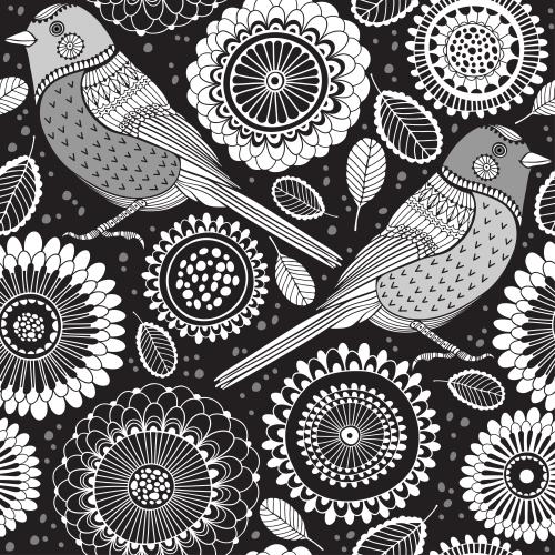 Pea. Vector fantasy little birds, flowers and leaves on black