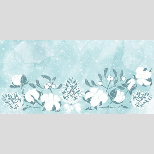Cotton. Vector cotton twigs, mistletoe, pine cones, holiday botanical composition on blue watercolor