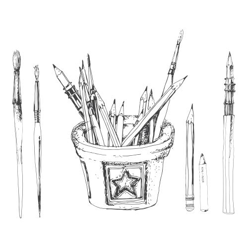 Vector image crayons brushes jar with art supplies on white sketch