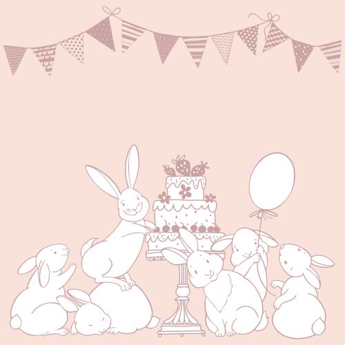 Dessert. Vector cute rabbits with a balloon cake garland and a place for text on a soft peach