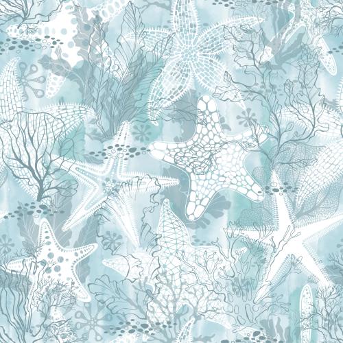 Vector image sea stars, corals, algae on blue watercolor