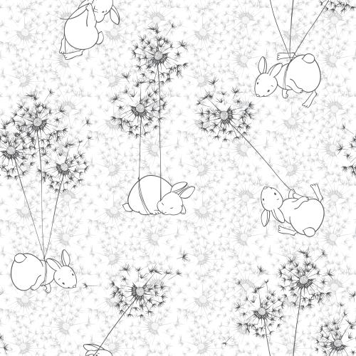 Dandelion. Vector cartoon rabbits flying on dandelions on white in dandelions