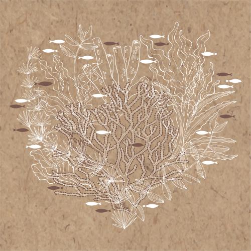 Vector image nautical theme composition with seaweeds corals and fish in the shape of a heart on craft